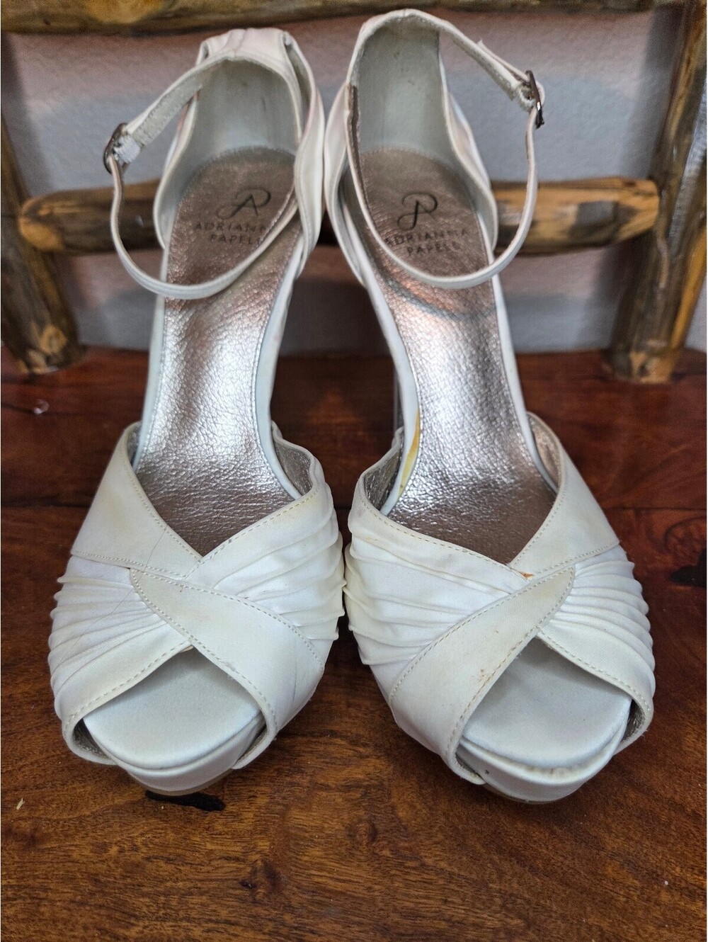 Adrianna Papell White Satin High Heel Sandals with Ankle Straps, sz 10